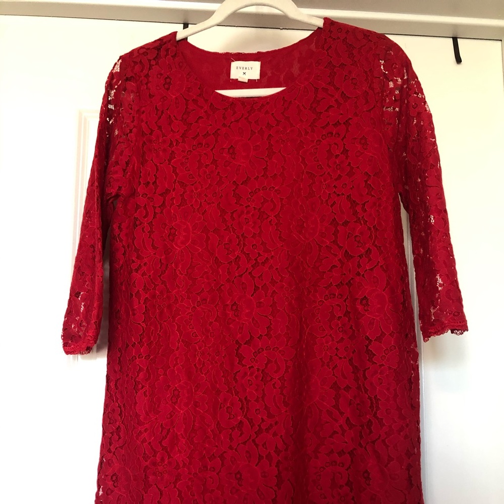 Red Lace Shift Dress with Lace Sleeves